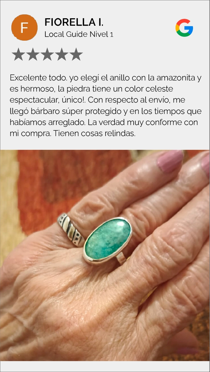 Testimonios Google Fiorella I Anillo de diseño minimalista con piedra natural Amazonita - Rara Avis en mano
