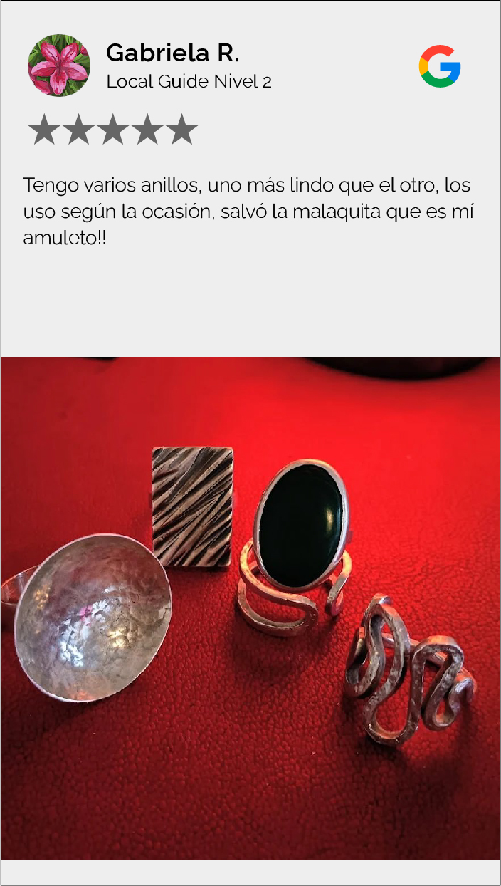 Testimonios Google Gabriela R - V - Colección Minimal | Joyas de Autor - Rara Avis Conjunto de Anillos de diseño minimalista Rara Avis en mano de cliente